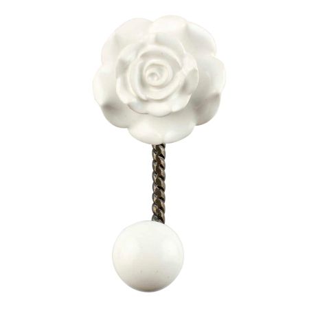 White Rose Flower Ceramic Wall Hook in Antique Fitting